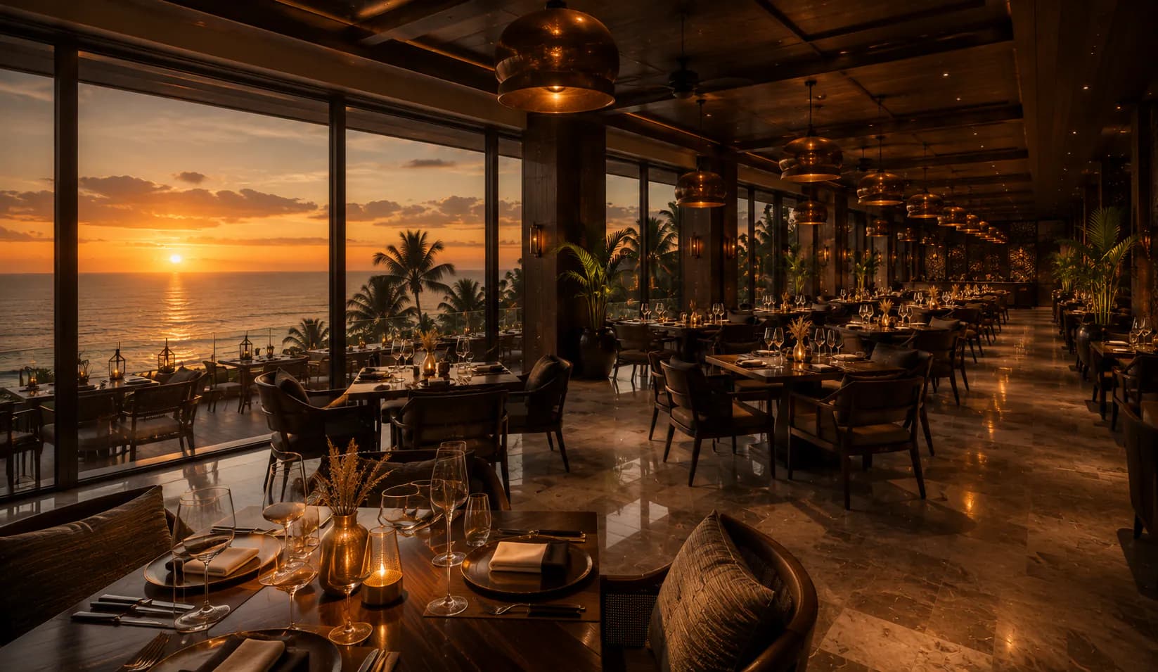 Top-floor balcony dining at sunset