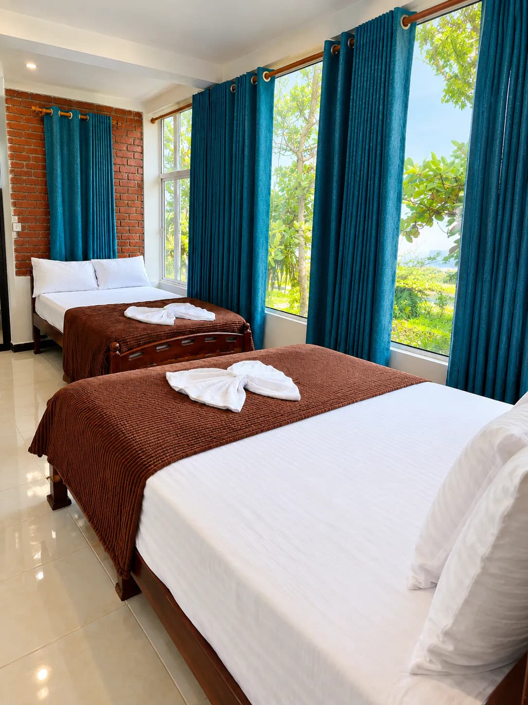 Warmly lit hotel bedroom