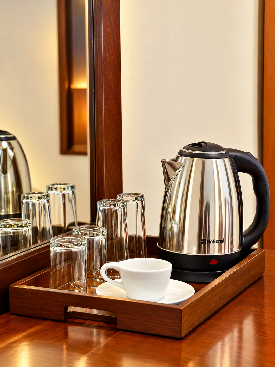 Tea tray by the window, beach below